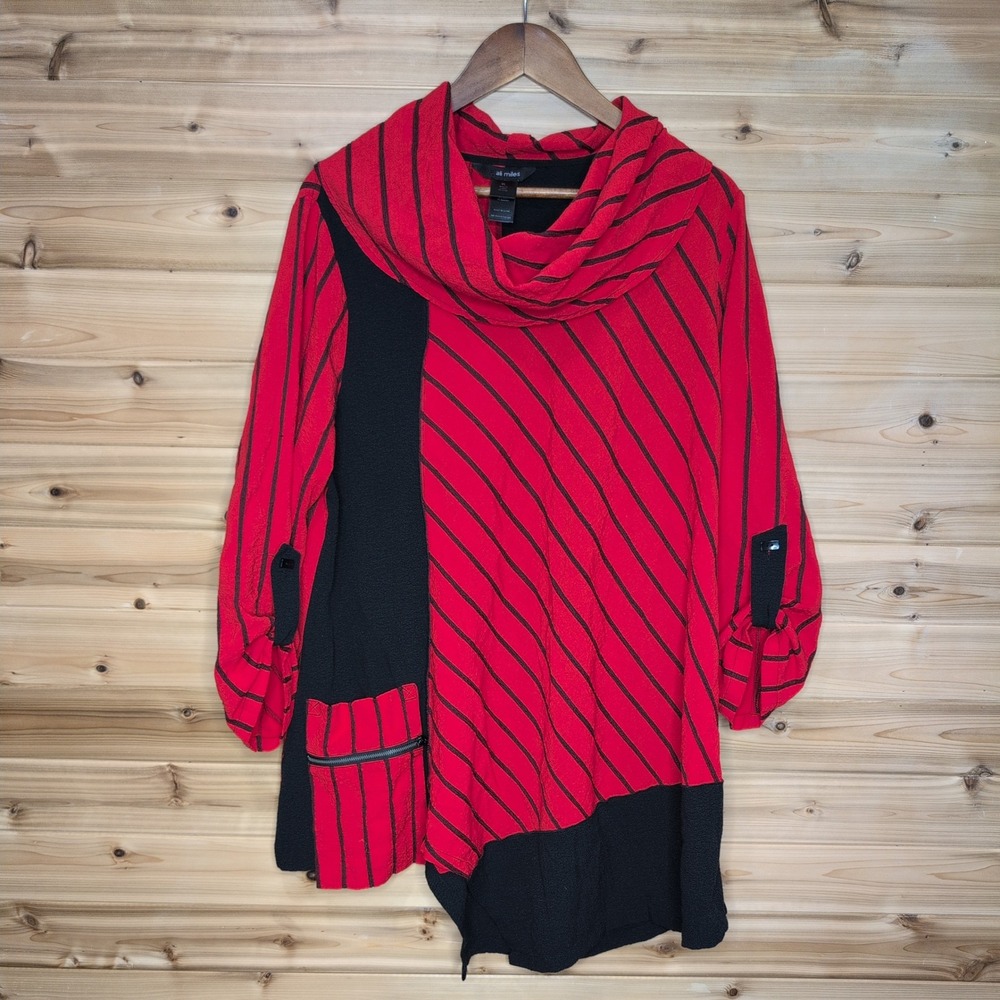 Ali Miles Red Black Striped Cowl Neck Tunic Top Asymmetrical Hem Womens XL